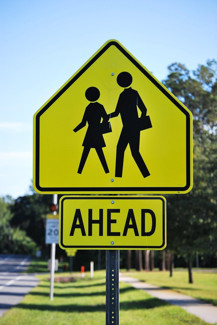 sign, child, crossing, ahead, warning, school, students, road